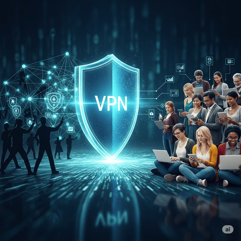 Изображение, показващо син и зелен щит с надпис "VPN", който защитава група от хора, използващи устройства, от кибер заплахи.